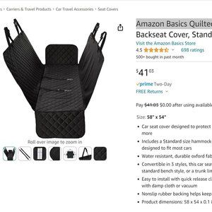 Amazon Basics Quilted Water Resistant Hammock Car Backseat Cover 58" x 54" NEW